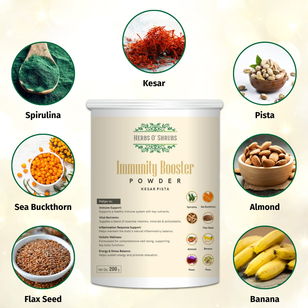 Immunity Booster Powder 200g | Kesar Pista Flavour | Ayurvedic Vitality Blend with Ashwagandha, Sea Buckthorn & Blue Green Algae | Vegan & Natural Energy Support