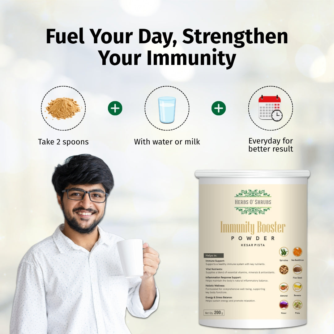 Immunity Booster Powder 200g | Kesar Pista Flavour | Ayurvedic Vitality Blend with Ashwagandha, Sea Buckthorn & Blue Green Algae | Vegan & Natural Energy Support