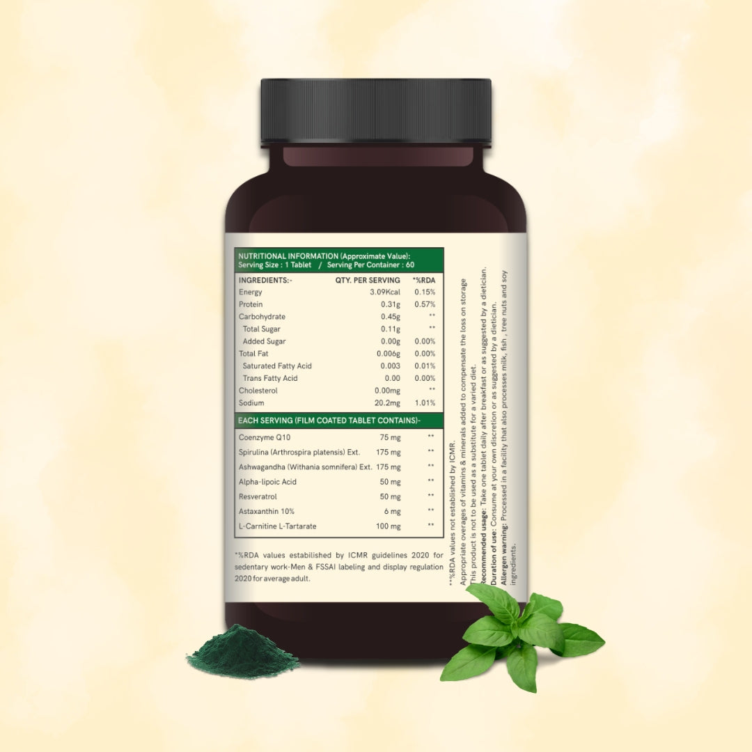 Energy & Anti-Aging Vegan Supplement | 60 Plant-based Tablets| With CoQ10, Ashwagandha, Spirulina, Resveratrol & L-Carnitine | Boosts Vitality & Immunity