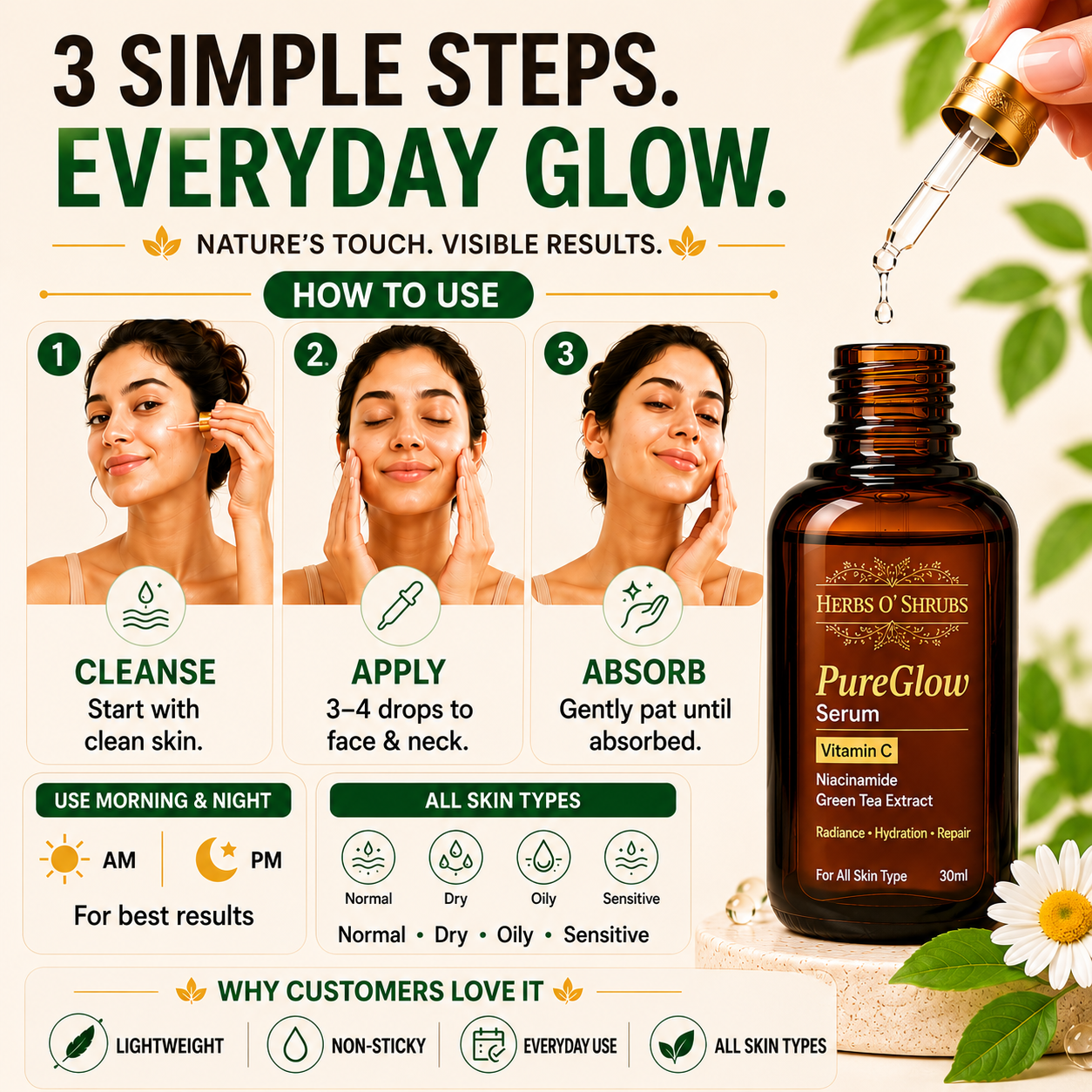 PureGlow Face Serum | Vitamin C, Niacinamide & Green Tea | 30ml